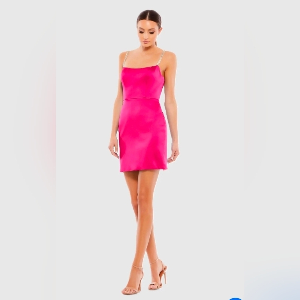 NWT! Ieena For Mac Duggal,Rhinestone Strap Satin Mini Dress, Candy Pink, Size 8